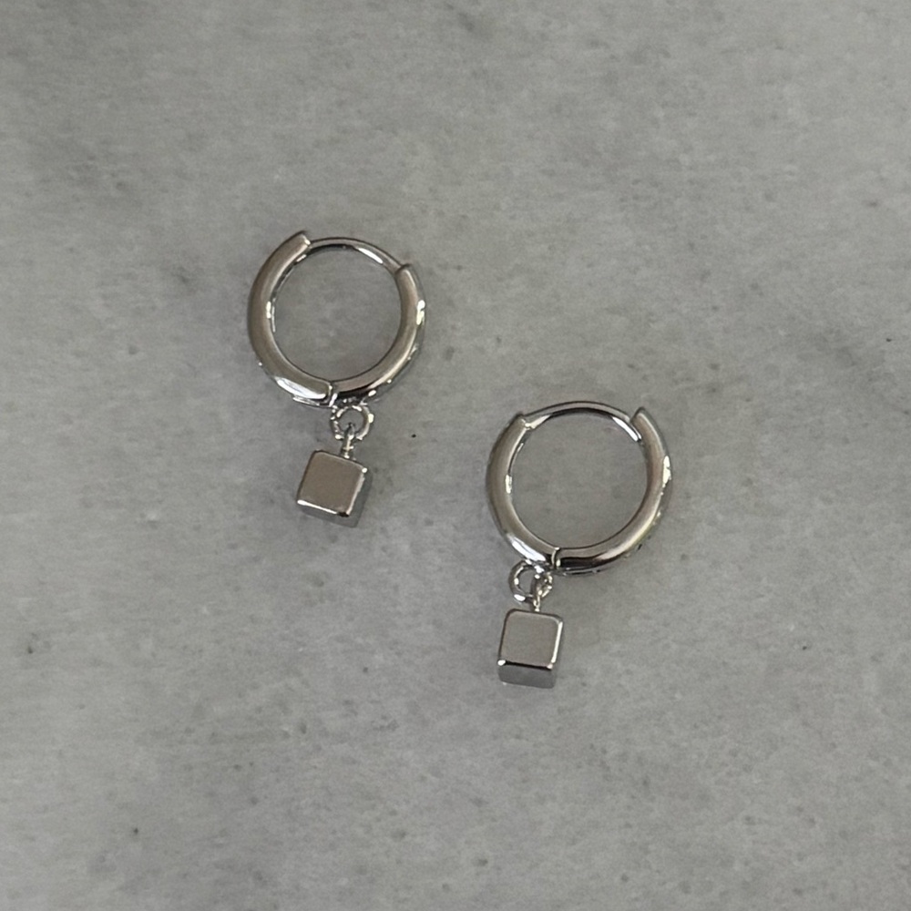 Sterling Silver Square Charm Dangle Huggie Hoop Earrings 

Brand New